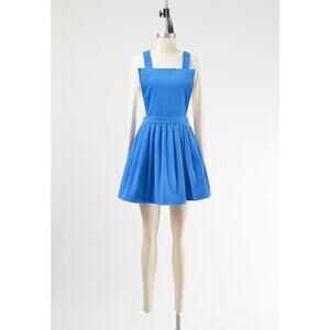 Vintage 80s Blue Corduroy Pinafore Skirt Pleated Overall Mini Dress with Pockets